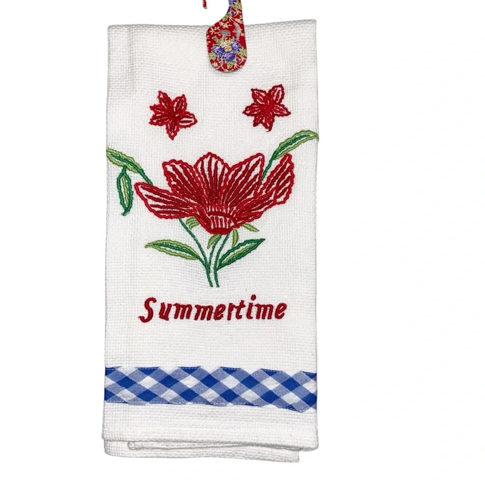 April Cornell  Tea Towel Dish Towel Waffleweave Embroidered Summertime NWT New